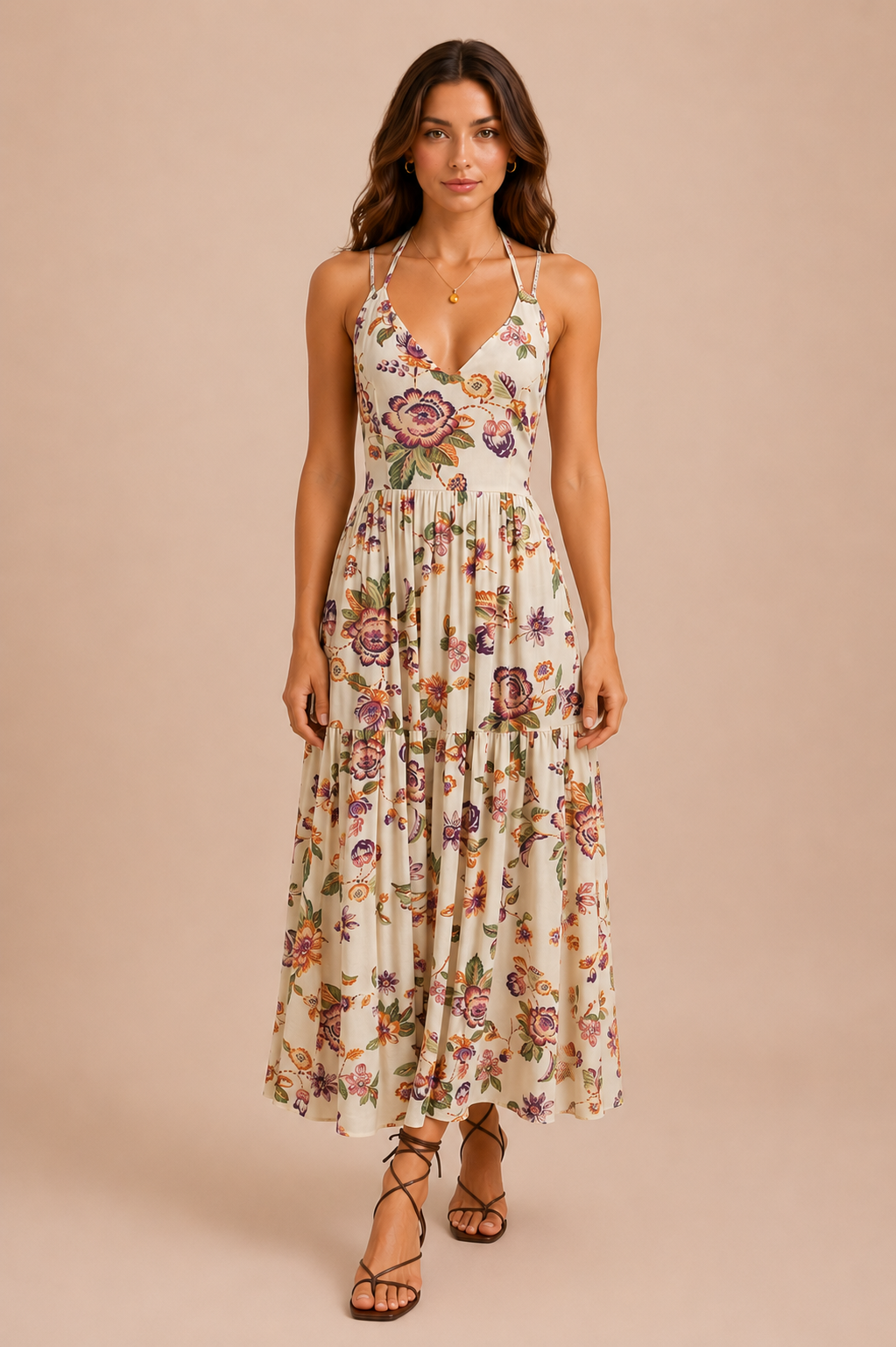 A woman in front of a beige backdrop wearing a white flowy dress featuring a multicolored floral print throughout it.