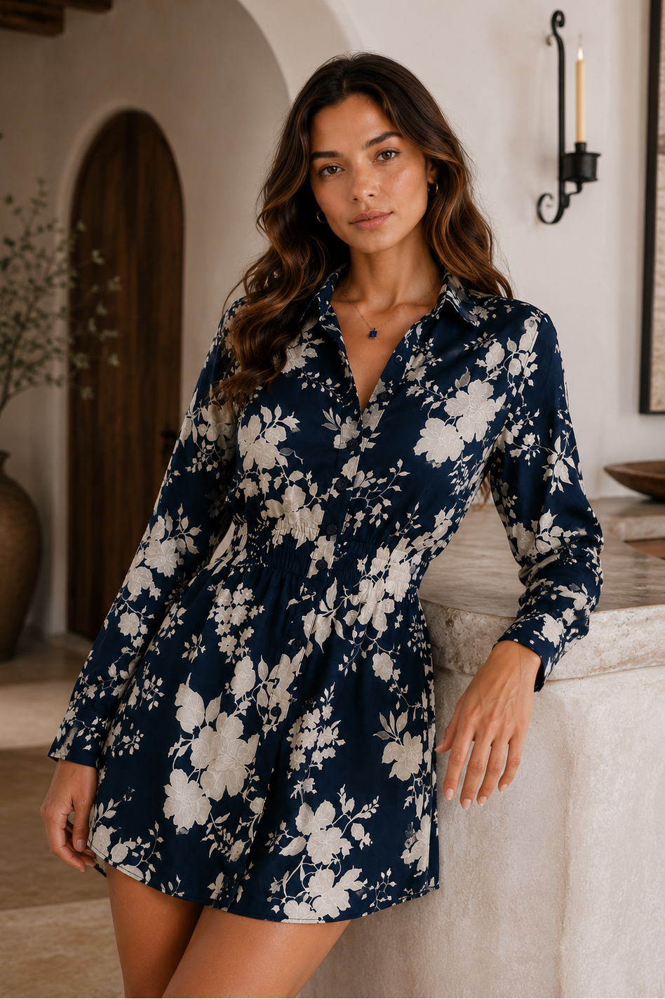 Woman wearing a navy floral dress in an indoor setting