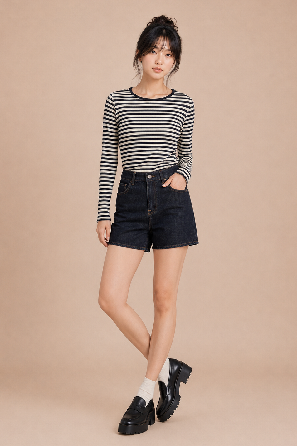 Woman wearing a striped long-sleeve shirt and black shorts against a beige background