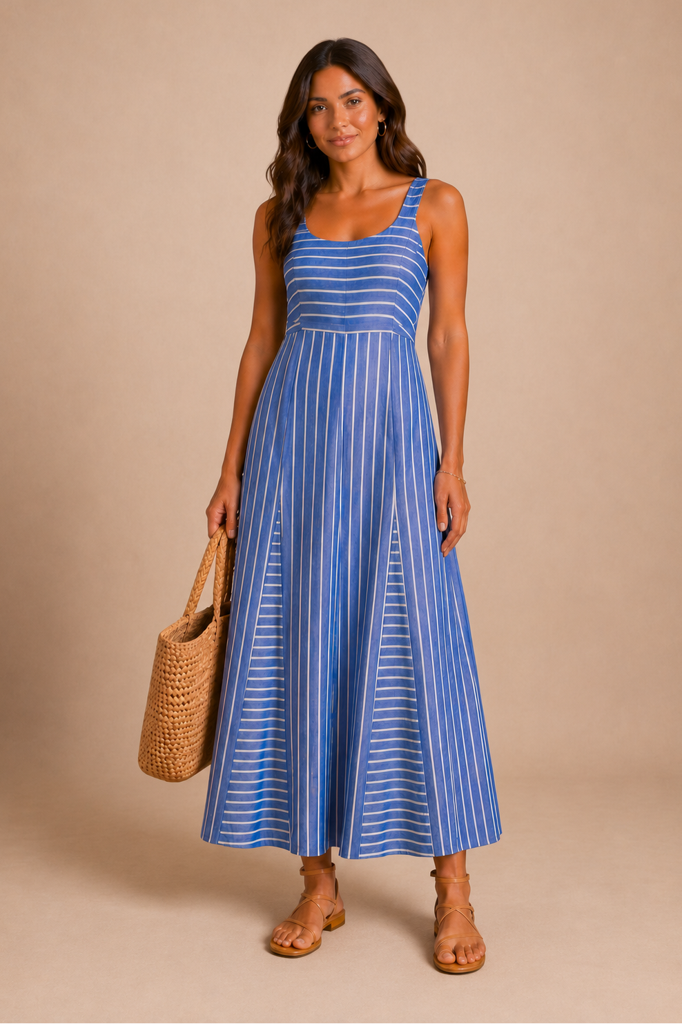 A woman in front of a beige backdrop wearing a striped blue maxi dress.