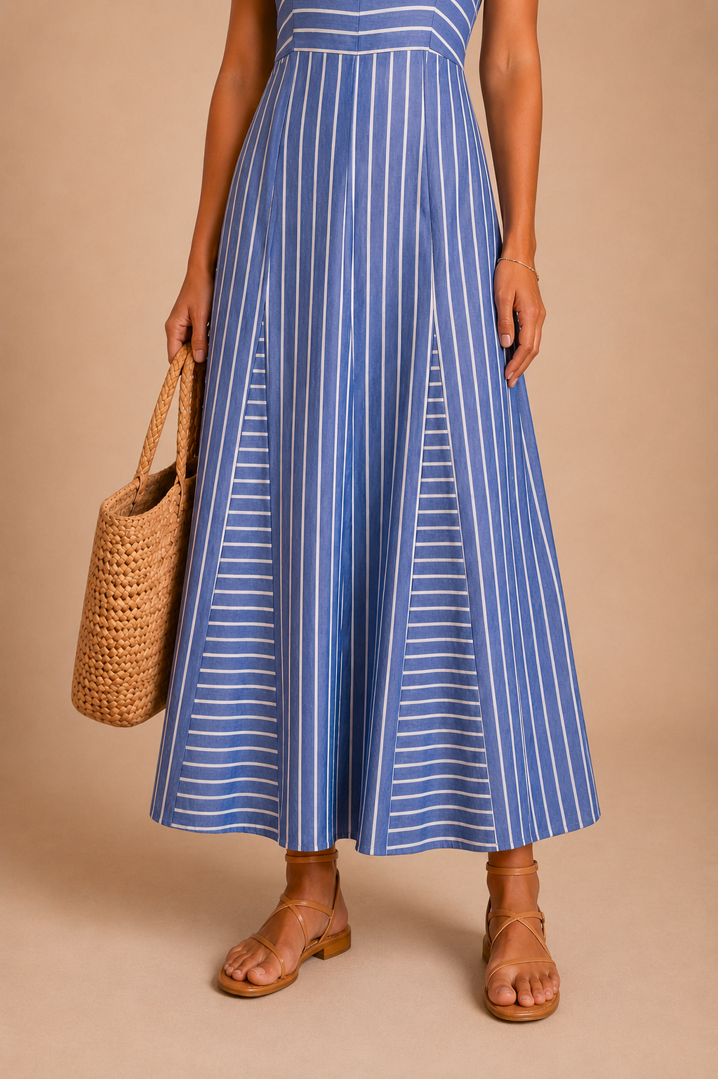 A woman in front of a beige backdrop wearing a striped blue maxi dress.