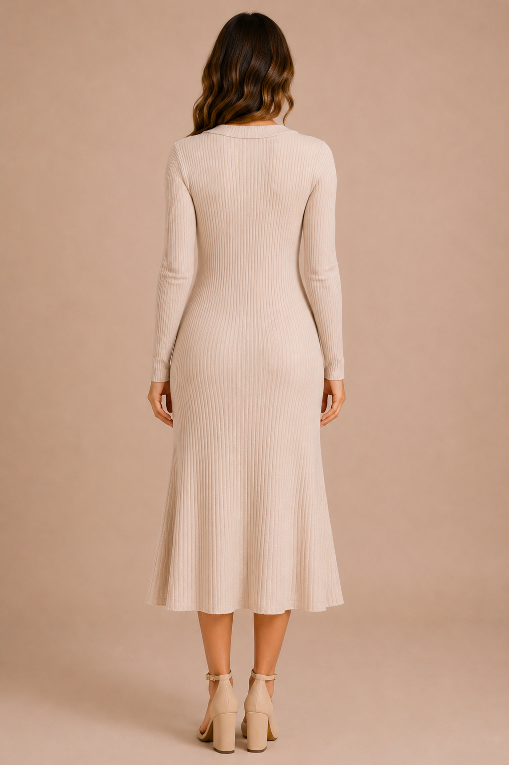 Woman wearing a beige ribbed dress against a beige background