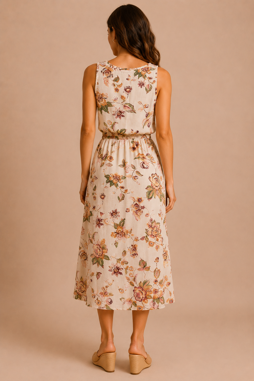 Woman wearing a floral dress against a beige background