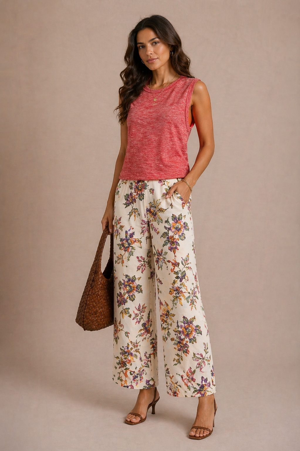 Woman wearing a pink sleeveless top and floral pants against a beige background