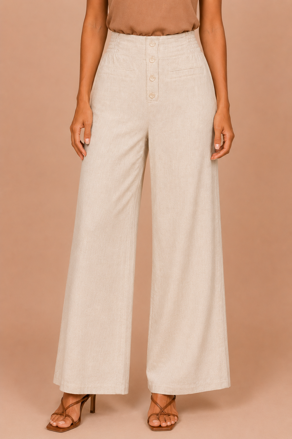 Beige wide-leg pants worn by a person on a beige background