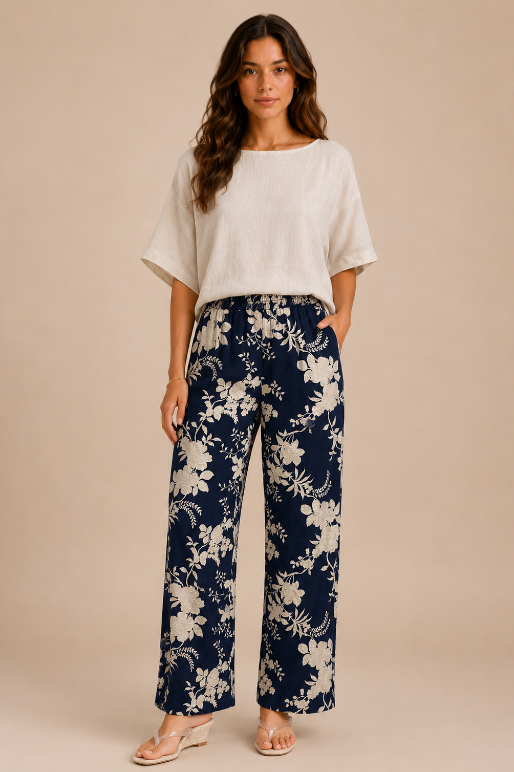 Woman wearing a white top and navy floral pants on a beige background