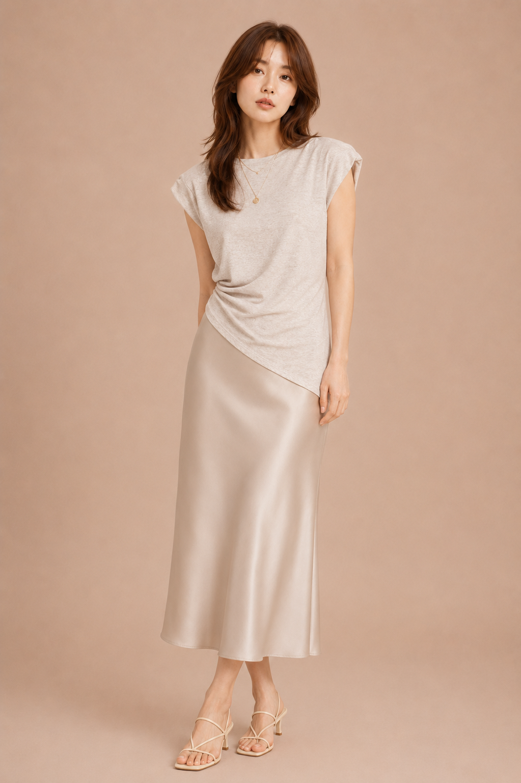 Woman wearing beige asymmetrical top and silk skirt against beige backdrop.