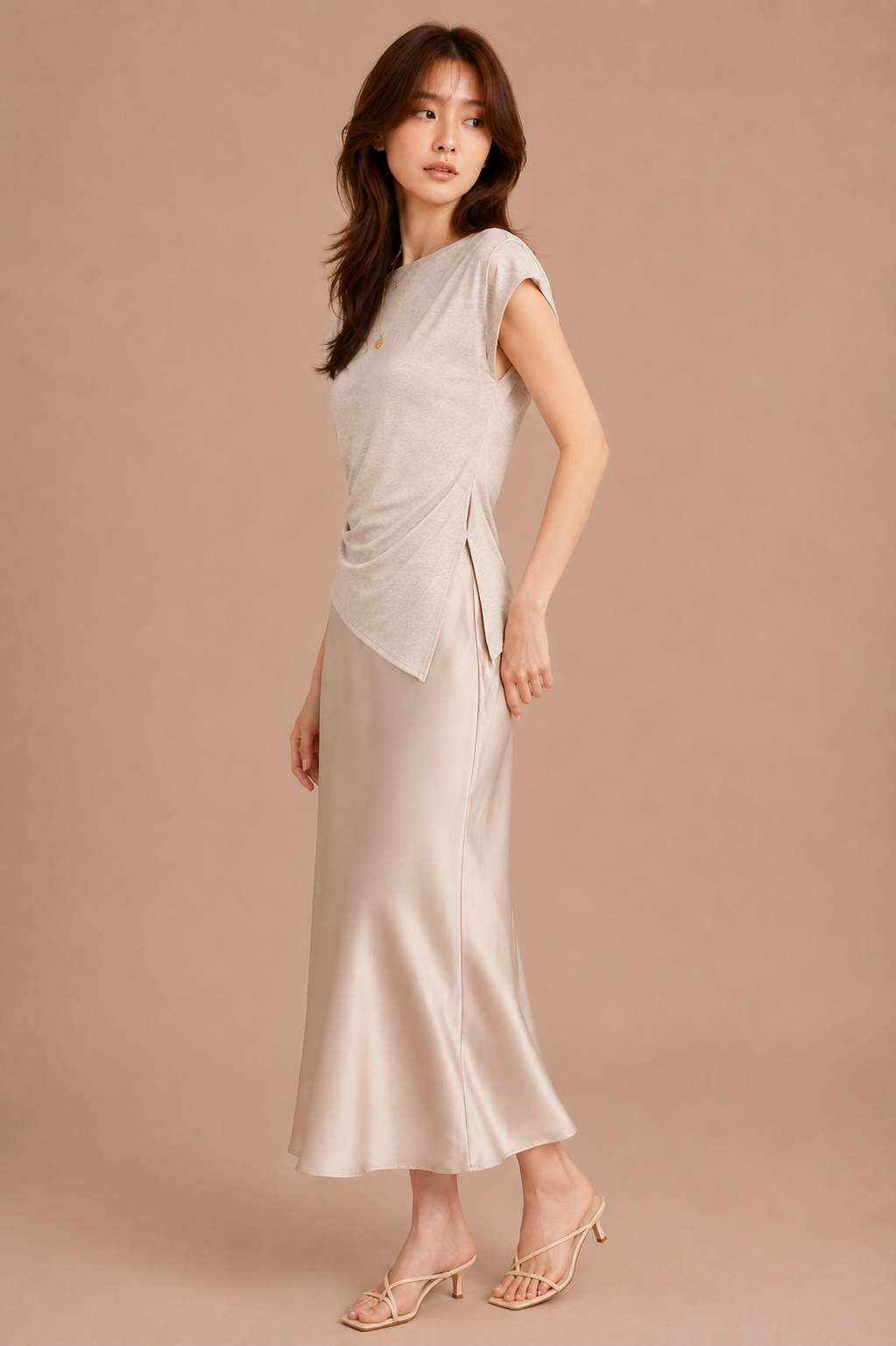Woman wearing beige asymmetrical top and silk skirt against beige backdrop.